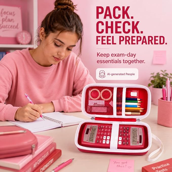Red Calculator Case for TI-30XS/TI-30XIIS/TI-30Xa/TI-36X Pro | Hard EVA Shell, Two-Layer Mesh Pockets, Elastic Holder, Wrist Strap, 8.27x 3.94 x 2.36 in, School Exam Carry