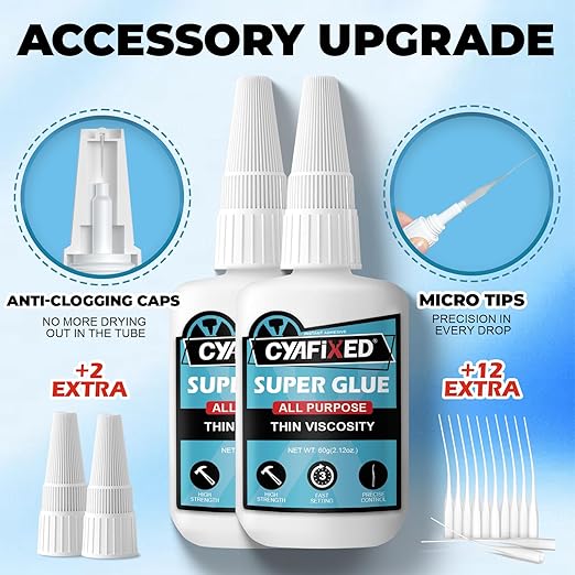 Thin Super Glue 120 Gram, All Purpose Clear Liquid CA Glue Repair Wood Ceramic Glass Plastic, Heavy Duty Cyanoacrylate Adhesive for 3D Print PLA Shoe Metal, Strong Bond and Instant Superglue