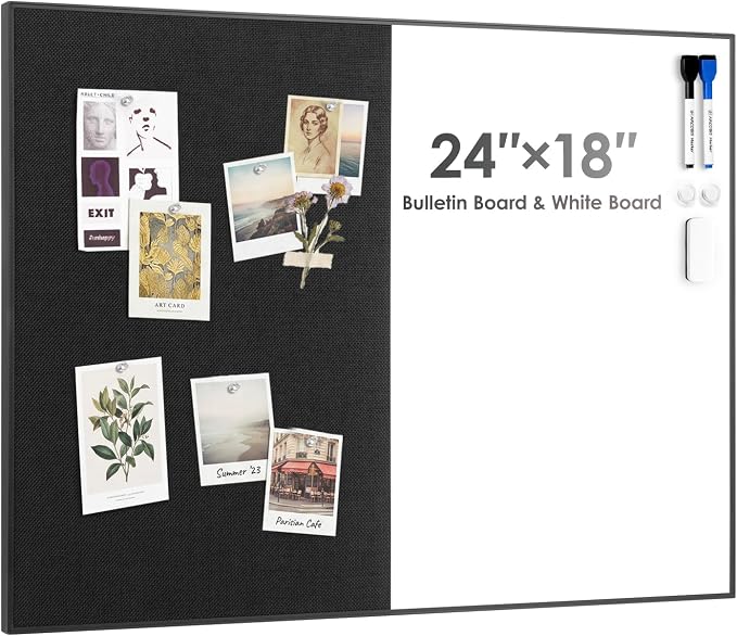 Cork Board White Board Combo | 24"X18" Linen Bulletin Board Whiteboard for Wall, Magnetic Dry Erase Corkboard for Home, Office, School, Black