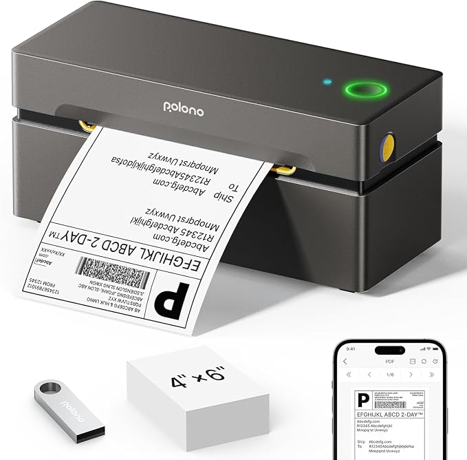 POLONO Bluetooth Thermal Shipping Label Printer, 4x6 Thermal Label Printer | Good Quality, Faster Speed, High-Efficiency, Easy to Use, Wireless 4x6 Shipping Label Printer for Amazon, Etsy, USPS, Shopify