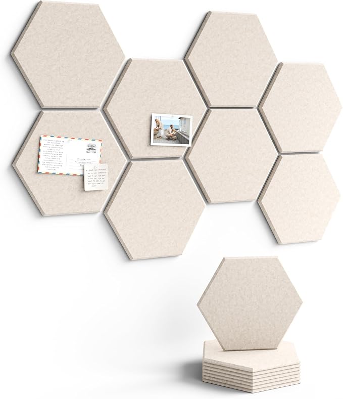 Fluxynara 8-Pack Hexagon Felt Bulletin Board Tiles, Oatmeal | Cork Board Alternative with 50 Adhesive Tabs for Notes, Photos and Reminders in Home Offices, Dorm and Classrooms