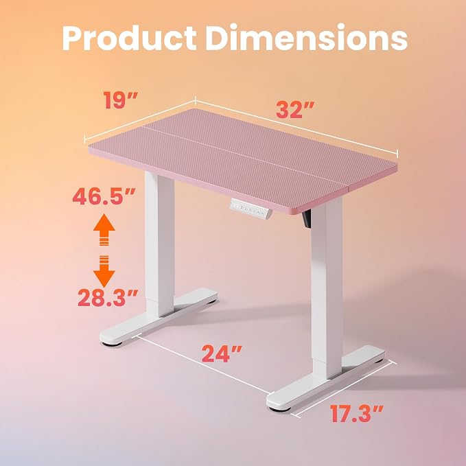 HUANUO 32x19 Inch Small Electric Standing Desk, Adjustable, Pink | 176 Lbs Capacity, Rounded Corners, Wheel-Ready Feet, Compact Desktop, Apartment Workspace, 28.3–46.5 Inch Height Range