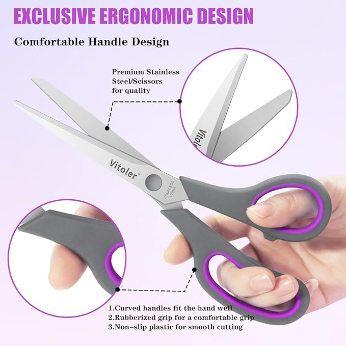 Vitoler Scissors 8.5" Heavy Duty scissors all purpose Bulk Set of 3 | ,Scissors for Office Home School Craft Supplies, Soft Comfort-Grip Right/Left Hand