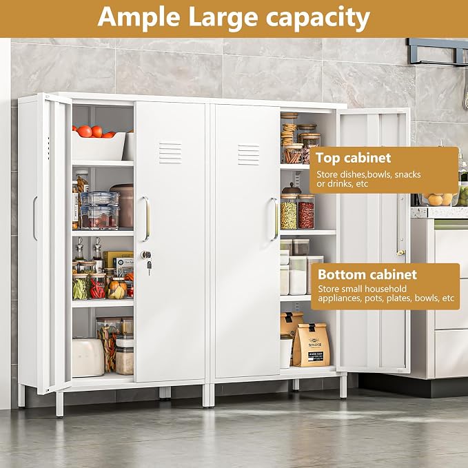 Metal Storage Locker,47" H Home Office Storage Lockers for Employees with 2 Locking Door ＆ 3 Adjustable Shelves,File Storage Cabinets forGarage, School, Office, Gym (White)