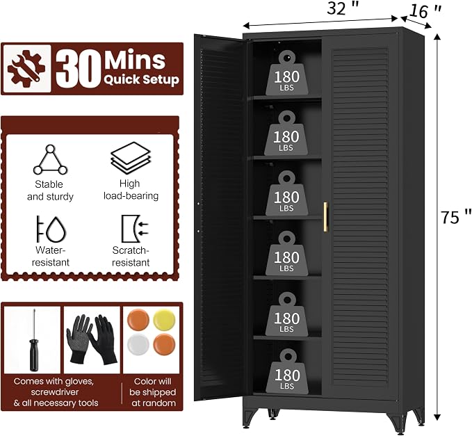 75" Tall Kitchen Pantry Cabinet, Metal Storage Cabinet with Doors | Kitchen Cabinet with 5 Adjustable Shelves, Black Cupboard for Kitchen, Dining Room, Living Room, Bathroom, Garage and Office