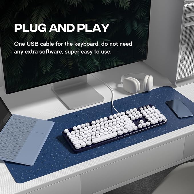 Computer Keyboard Wired, Plug and Play USB Retro Round Typewriter Keyboard, Full Size Wired Keyboard with Foldable Stands for Laptop and Office PC