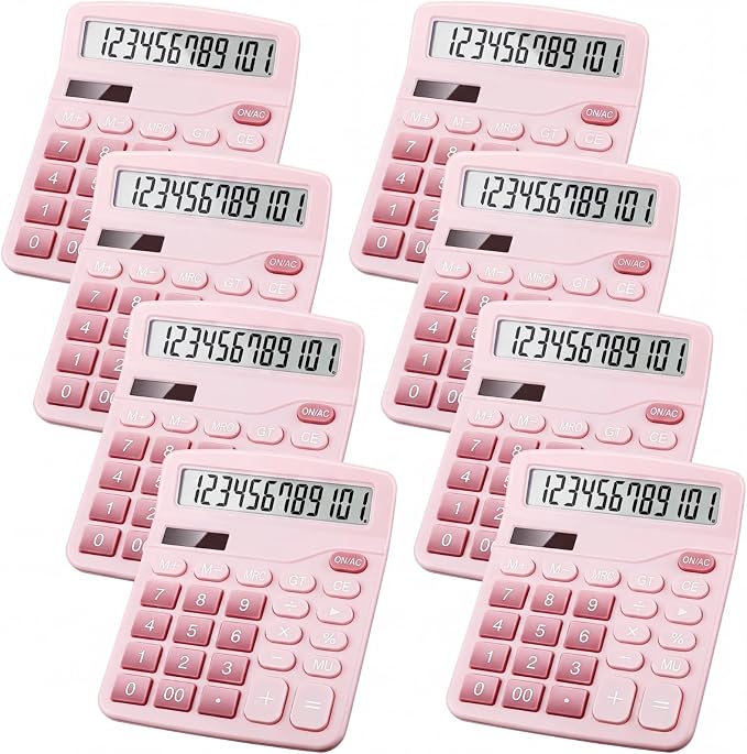 8 Pack Calculator Bulk, 12 Digits Calculators Desktop Solar and Battery Dual Power Large LCD Display and Sensitive Button Handheld for Office, School (Pink)