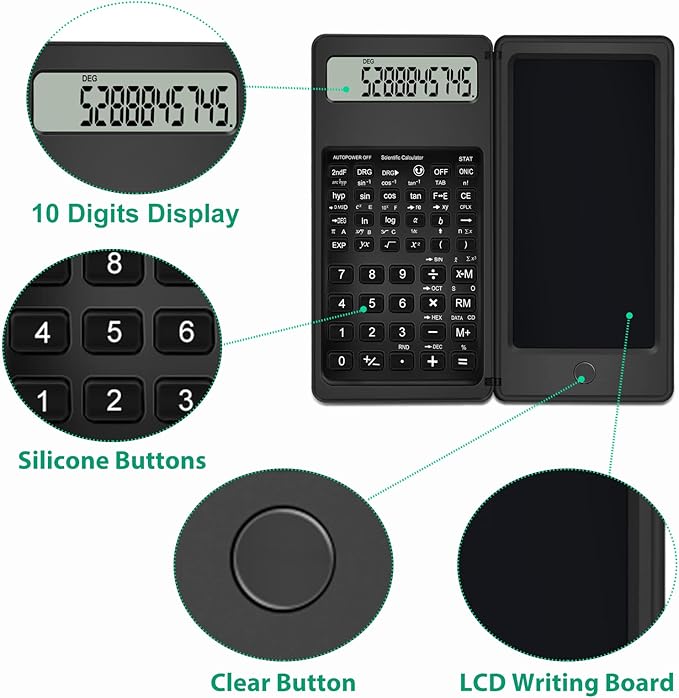 Scientific Calculator with Notepad, TRELC 10 Digits LCD Display Foldable Scientific Calculator, Portable Calculator with Erasable Writing Tablet for Middle School High School Students