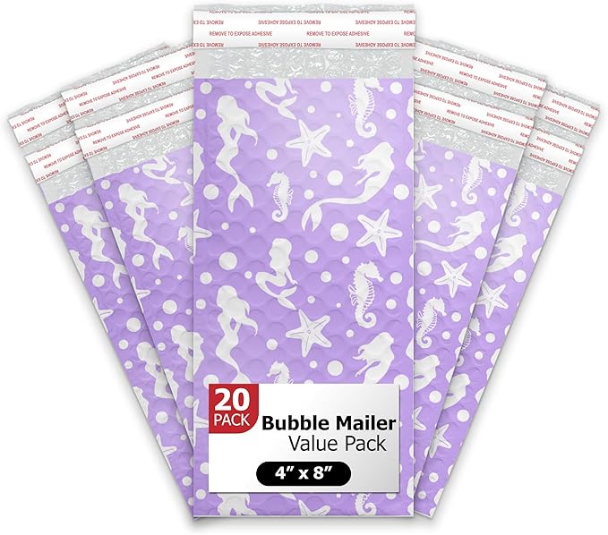 4x8 (20pcs) Purple Mermaids Designer Self Seal Poly Bubble Mailers Shipping Envelopes Padded Bags