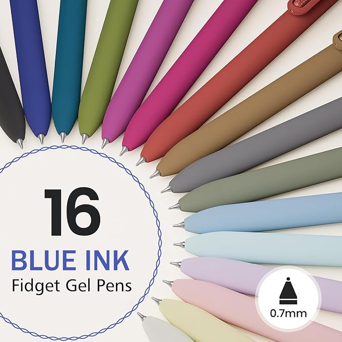 16 Pack Blue Gel Pens with Fidget, 0.7mm Blue Ink Quick-Drying | Fine Point Smooth Writing - Stress Relief Retractable, Soft Grip Cute Pen for Journaling, School Office, Gift Vintage Morandi
