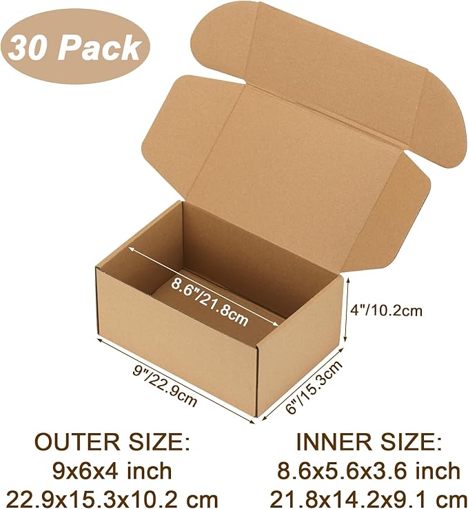 9x6x4 inch Shipping Boxes Set of 30 Brown, Inner Size 8.6x5.6x3.6 inch Cardboard Box Mailers for Small Business Packaging Mailing or Gift Wrapping Giving