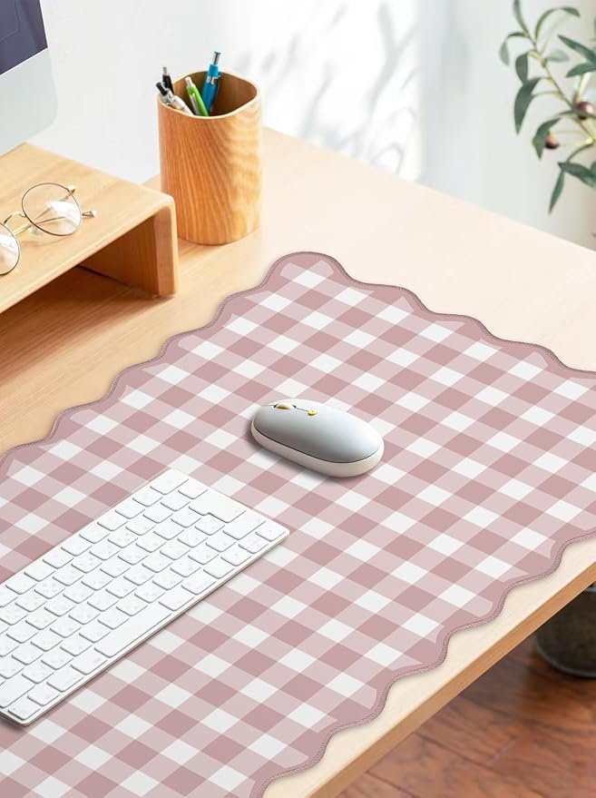 Scalloped‌ Pink Checkered Gingham Desk Mat Cute Pastel Large Mouse Pad Kawaii Cottagecore ‌Vintage‌ Girly Laptop Keyboard Computer Mat Pad Aesthetic Cozy Office Desk Decor for Women