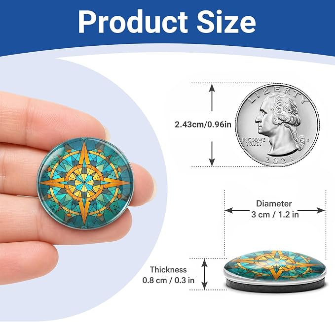 12 Pack Stained Glass Nautical Compass Fridge Magnets | Round Crystal Glass Decorative Whiteboard Refrigerator Magnet for Kitchen Classroom Office