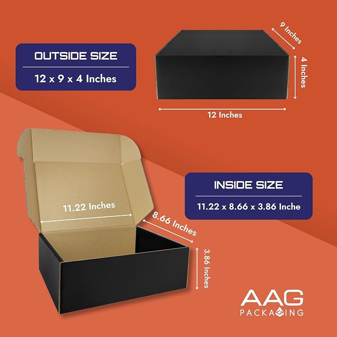 Corrugated Shipping Box Mailers, Kraft Brown, Triple-Layer Board Secure Slot Closure (Black, 12"x9"x4" / Set of 10)