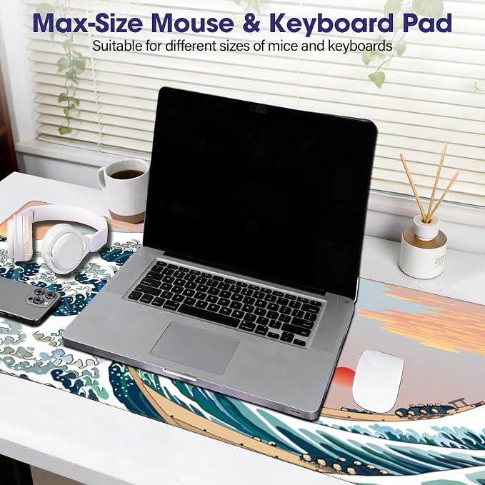 Large Extended Mouse Pad with Stitched Edges 35.4"x15.7" - Waterproof Desk Mat, Non-Slip Rubber Base for All-Desk Coverage, Perfect for Gaming Office Home, Sun Wave
