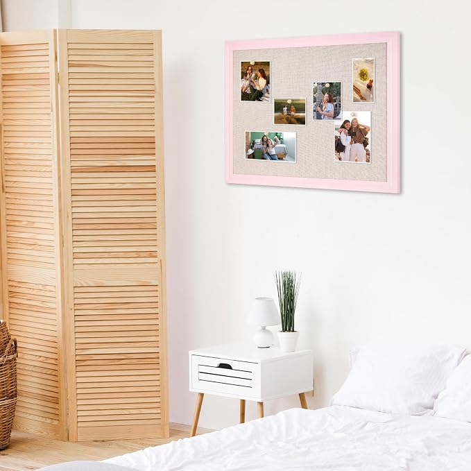 DOLLAR BOSS Bulletin Boards with Linen, 36"x24" White Cork Board, Pink | Corkboards for Walls, Framed Pin Board, Picture Display Vision Board, For Office Home School Girls Dorm Decor, 10 Pushpins