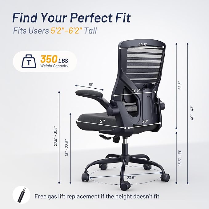 Office Desk Chair for Long Hours & Lower Back Pain Relief – 4“ Thick Molded Foam Cushion, Enhanced Lumbar Support, Padded Flip-up Armrests, Ideal for Office or Study (Black)