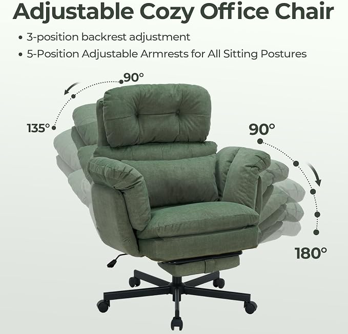 Criss Cross Office Chair with Foot Rest, Big and Tall Office Desk Chair with Flip Armrests for Pets & Cross Legged Sitting, Comfy Executive Ergonomic Reclining Computer Gaming Vanity Chair, Green