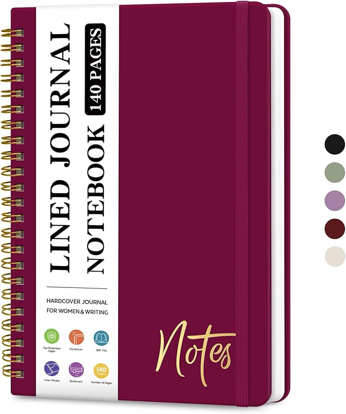 Lined Spiral Journal Notebook for Women, A5 College Ruled Journals for Writing, Hardcover Notebooks for Work, Note taking and Office School Supplies,140 Pages - Crabberry Red