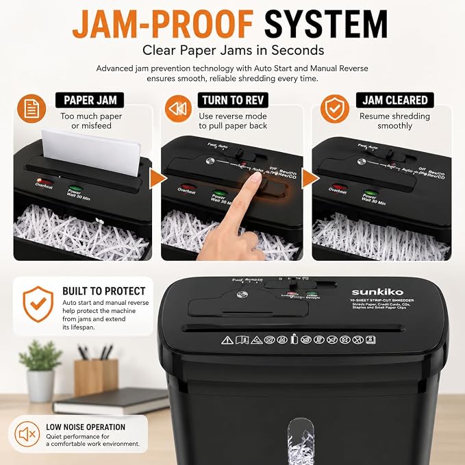 10-Sheet Strip Cut Paper Shredder with Jam Proof System, P-2 Security Level, 5-Minute Continuous Operation, 3.17 Gallon Capacity, Black