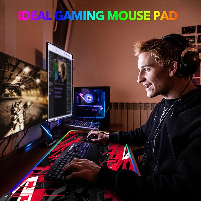 AIMSA Large RGB Gaming Mouse Pad, Keyboard Mousepad Led Extended 35.4 x 15.8 inch Non-Slip Rubber Base with 14 Lighting Modes, Big Desk Mat Waterproof, Red Black