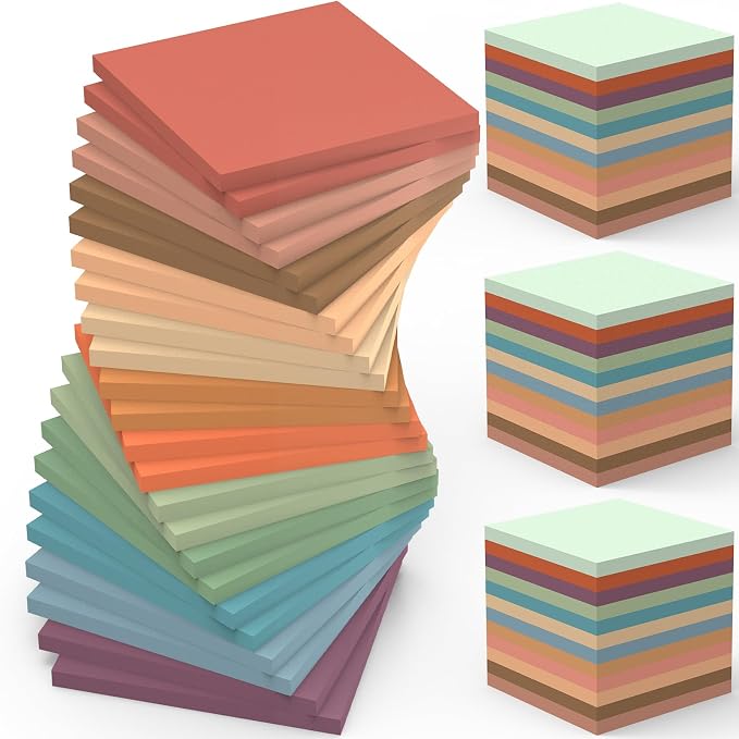 60 Pack Sticky Notes Bulk 3x3 Inch 12 Vintage Colors Memo Pads | 56 Sheets Each, Self Adhesive Notes, Smooth Paper, Office Supplies, Back to School, Teacher, Student, Planning