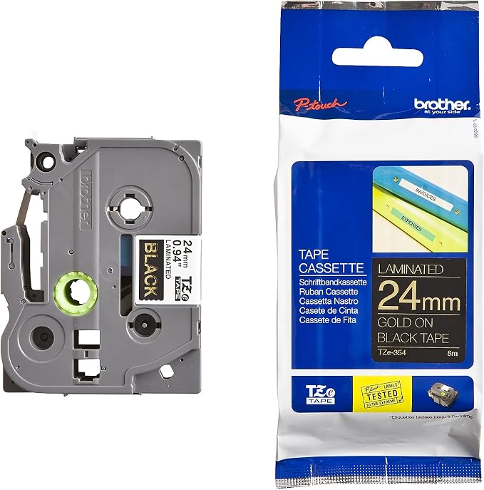 Brother Genuine P-Touch TZE-354 Tape, 1" (0.94") Wide Standard Laminated Tape, Gold on Black, Laminated for Indoor or Outdoor Use, Water-Resistant, 0.94" x 26.2' (24mm x 8M), Single-Pack, TZE354