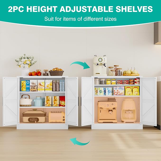 White Storage Cabinet with Doors and Adjustable Shelves,36" Farmhouse Food Pantry Cabinets,Small Sideboard Cabinet,Short Metal Storage Cabinets for Home Kitchen,Dining/Living/Laundry/Room