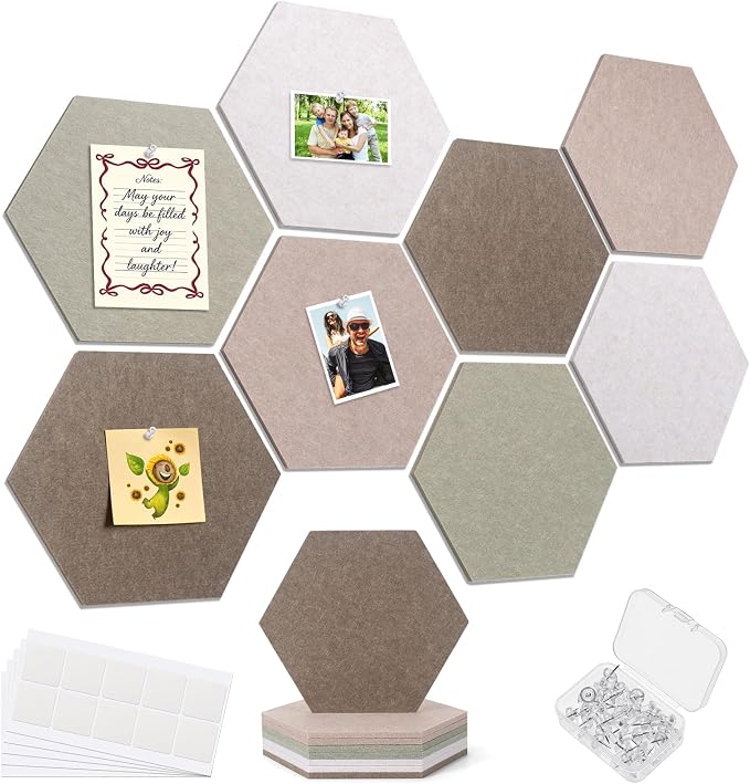 Hexagon Cork Board for Walls Decor, 8 Pack Felt Bulletin Board Tiles with 30 Pushpins, 50 Adhesive Tabs, 12" Pin Board Felt Board for Office & Home Classroom, Notes Photos and DIY Decor