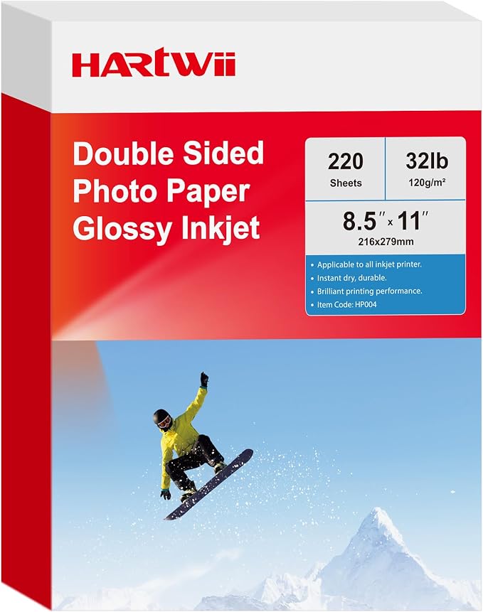 220 Pack Double Sided Photo Paper Glossy Inkjet 8.5x11 32lb 120gsm A4 Letter Size for All Dye Ink Printers for Custom Chip Bag Party Favors, Brochure Paper, Flyers Paper