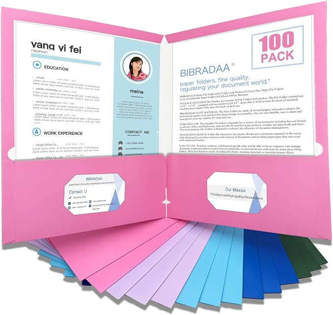 100 Packs Color Folders with Pockets,Two Pocket Folders Bulk Fit Letter Size Paper,File Folders Letter Size,Durable Paper Folders for School, Office, Business. (100, Colored)