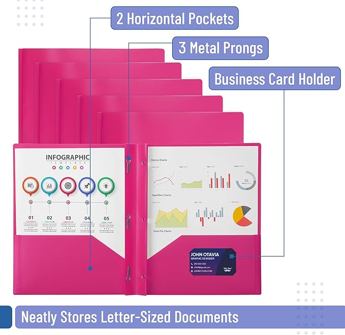 Mr. Pen- Plastic Folders with Pockets and Prongs, 24 Pack, Letter Size, Pink, Flexible Plastic Folders with Prongs