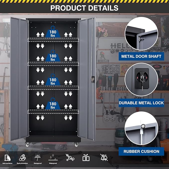 Fesbos Metal Rolling Storage Cabinet-74.6” Tall Steel File Cabinets with Wheels Lockable Doors and Adjustable Shelves-Black & Gray Steel Storage Cabinet for Home, School, Office, Garage