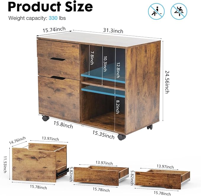 OLIXIS 3 Drawer Lateral File Cabinet, Rolling Printer Stand with Storage | Mobile Filing Cabinet Fits Under Desks, Holds A4/letter Files with Hanging Frame and Lockable Wheels, Brown