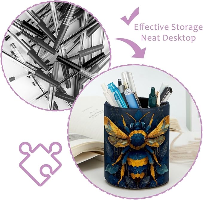 Leather Pen Holder for Desk, Bee Pencil Cup Pen Organizer Makeup Brush Holder for Office Home Kids Countertop Desk Accessory Storage