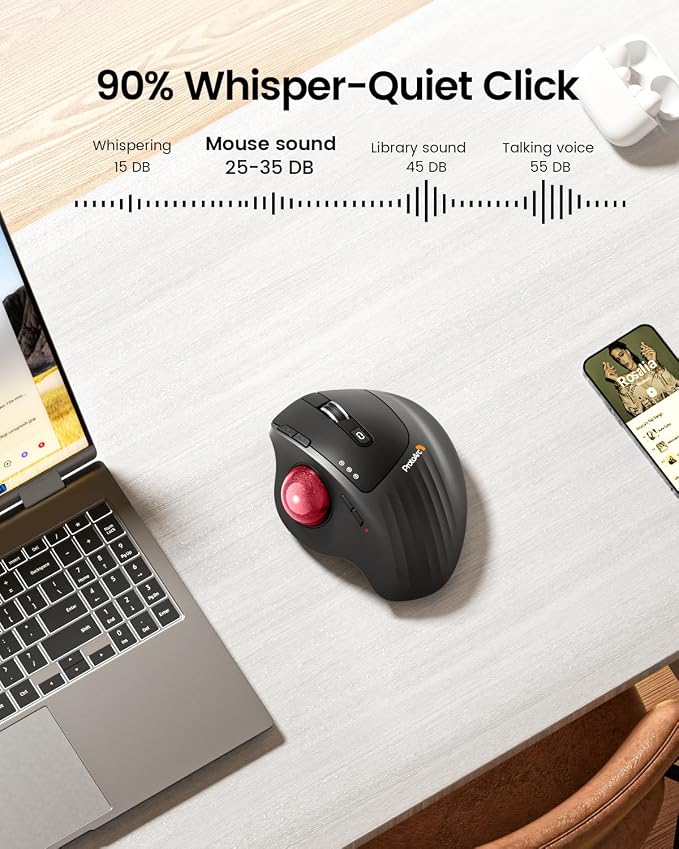 ProtoArc EM01 NL Wireless Trackball Mouse, Rechargeable Thumb Control, Red | 0/20° Adjustable Angle to Reduce Fatigue, Triple-Device Bluetooth & 2.4G USB-A for Office Use, Silent Click, Easy to Clean