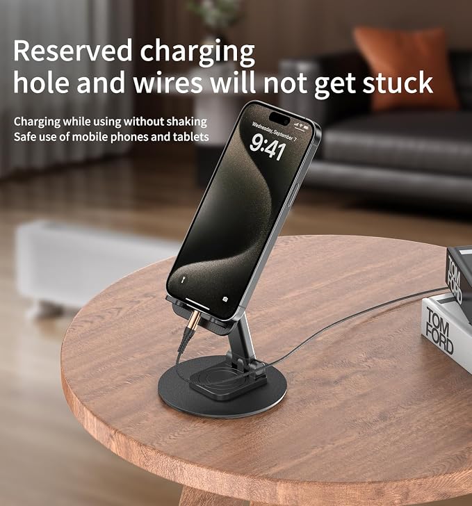360° Rotating Cell Phone Stand for Desk (Black, K39B) | Adjustable & Foldable Phone Holder, Aluminum Desktop Phone Stand with Anti-Slip Base, Phone Holder for Desk