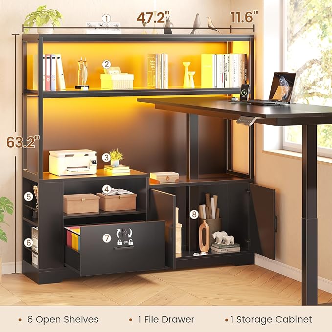 SEDETA 57" L Shaped Standing Desk, Sit Stand Office Desk with Storage Hutch | Black Reversible Stand Up Corner Gaming Desk with Drawer, Shelves, LED Lights & Power Outlet for Work, Writing, Study