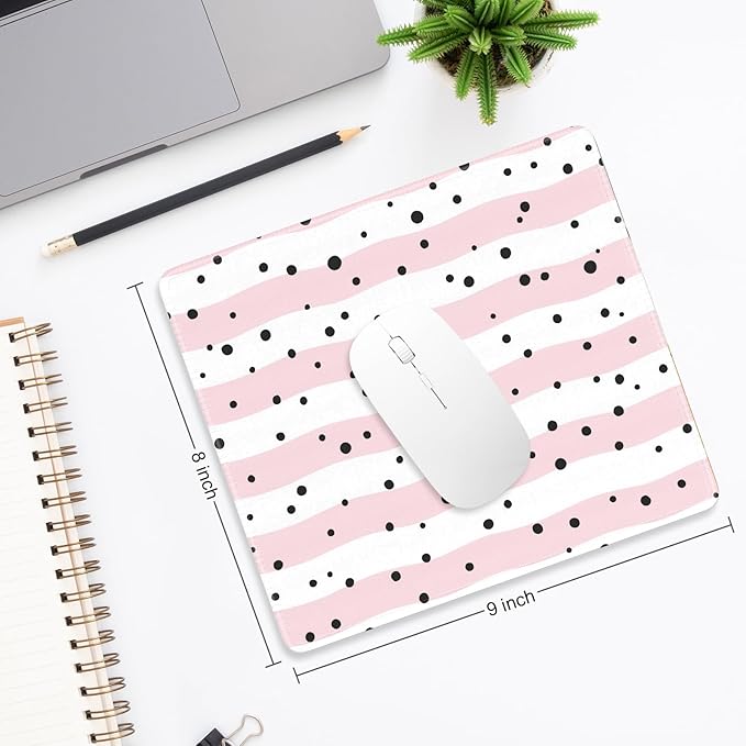 Mouse Pad, Minimalism Marble Style Computer Pad, Anti-Slip Rubber Mouse Mat with Stitched Edges for Gaming, Office, Laptop, PC, Women, 9" x 8" Thick 3 mm, Pink White Polka Dots