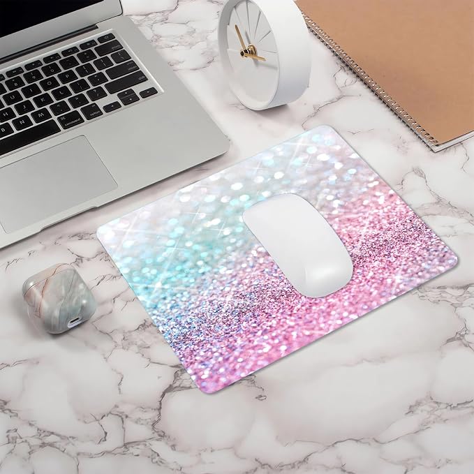 Pink Blue Sparkly Mouse Pad Cute, Rectangle Non-Slip Rubber Glitter Bling Gradient Mousepad for Kids Girls, Laptop Computer Mouse Pads, 9.5 X 7.9 Inch