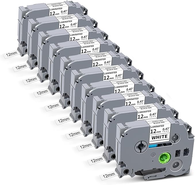 10 Pack Tze Label Maker Tape Tze231 Compatible for Brother TZe-231 Tze 12mm 0.47 Laminated White Tape 1/2" Tz-231 Refills for P Touch PT-D220 D210 H110 H100 D200 D400 1280 D610BT, Black on White