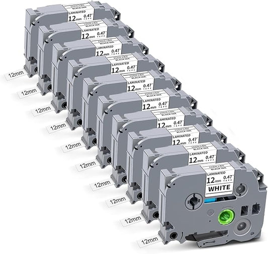 10 Pack Tze Label Maker Tape Tze231 Compatible for Brother TZe-231 Tze 12mm 0.47 Laminated White Tape 1/2" Tz-231 Refills for P Touch PT-D220 D210 H110 H100 D200 D400 1280 D610BT, Black on White