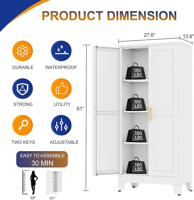 Metal Storage Cabinet with 2 Doors and 3 Adjustable Shelves - 61" Steel File Cabinet,Tool Cabinets for Office,Home,Garage,Gym,School,Bathroom,Kitchen(White)