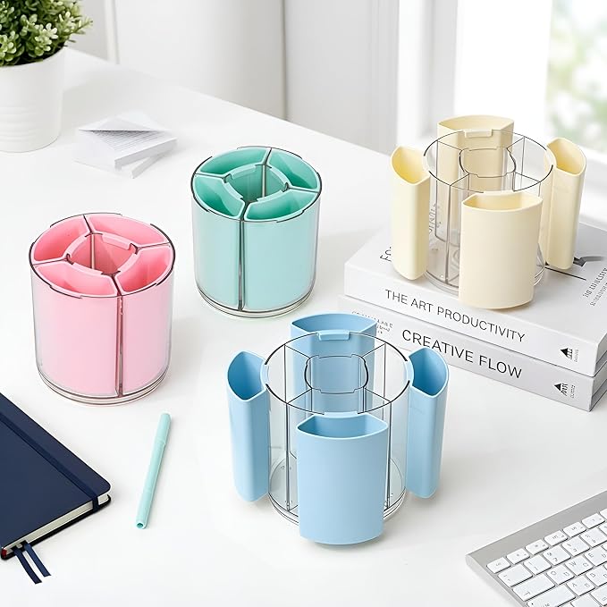 Comix 360° Rotating Pen Holder for Desk, Pencil Holder with 5 Slots, Cute Green Plastic Desk Organizer for Home School Office Supplies