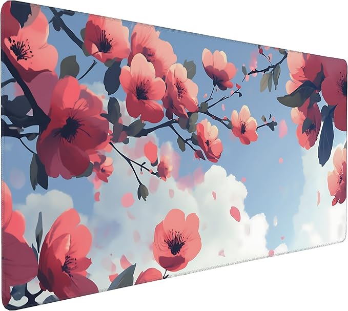 Cute Floral Aesthetic Cherry Gaming Mouse Pad, Blue Pink Anime Desk Mat with Anti-Slip Base & Stitched Edges, Office Supplies & Desk Decor for Women, 35.4" x 15.7" in Home Office Essentials