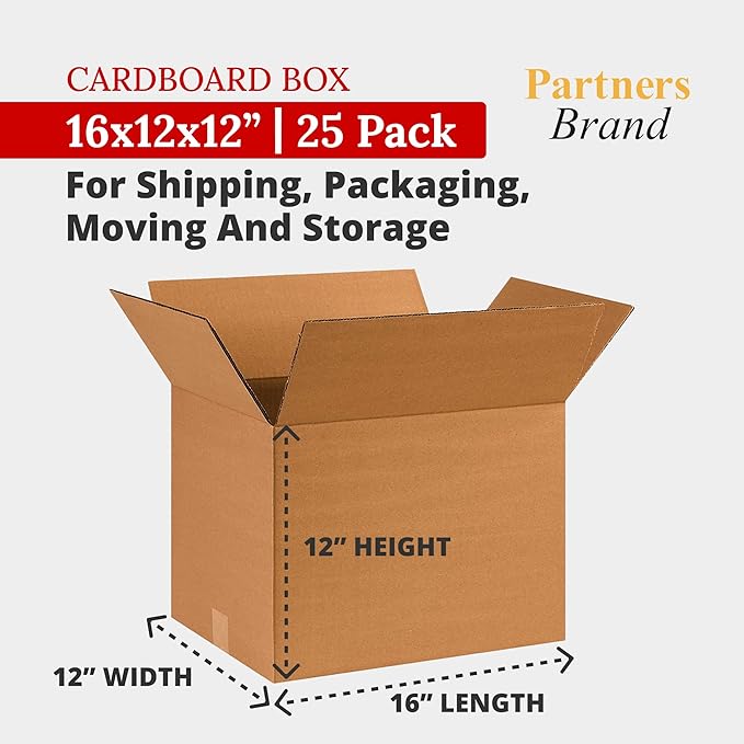 Partners Brand 16x12x12 Corrugated Cardboard Boxes, 16"L x 12"W x 12"H, Pack of 25 | Shipping, Packaging, Moving, Storage Box for Business, Strong Wholesale Bulk Boxes 16x12x12 161212