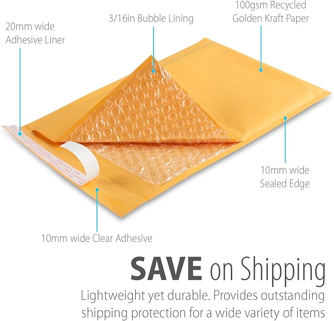 Fosmon #0 Extra Wide Kraft Bubble Mailer 6.5x10 6x10 (50 Pack), Padded Strong Adhesive Shipping Mailing Envelopes for Book, Game, Jewelry, Gift, Cards