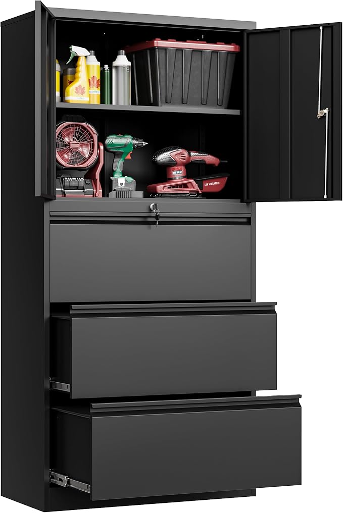 Fesbos 3 Drawers Lateral File Cabinet with Lockable Drawer and Door- Large Steel Filing Cabinet for Home Office Hanging Files Letter/Legal/F4/A4 Size