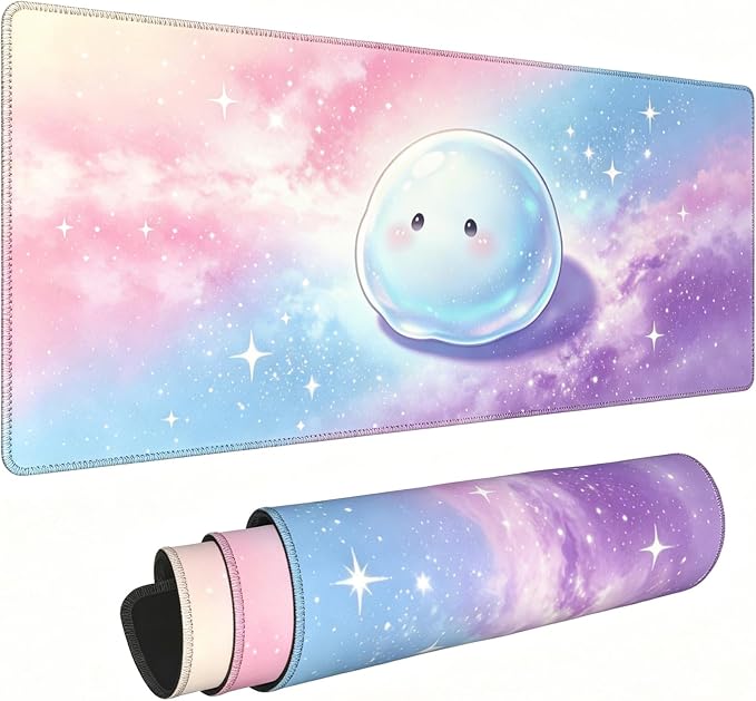 Pastel Multicolor Gradient Desk Mat,Star Cloud Mouse Pad,31.5x12 in | Pink Blue Purple Large Cute Dreamy Bubble Slime Gaming Mousepad,Kawaii Girly Desk Decor Keyboard Mat for Women,80x30cm