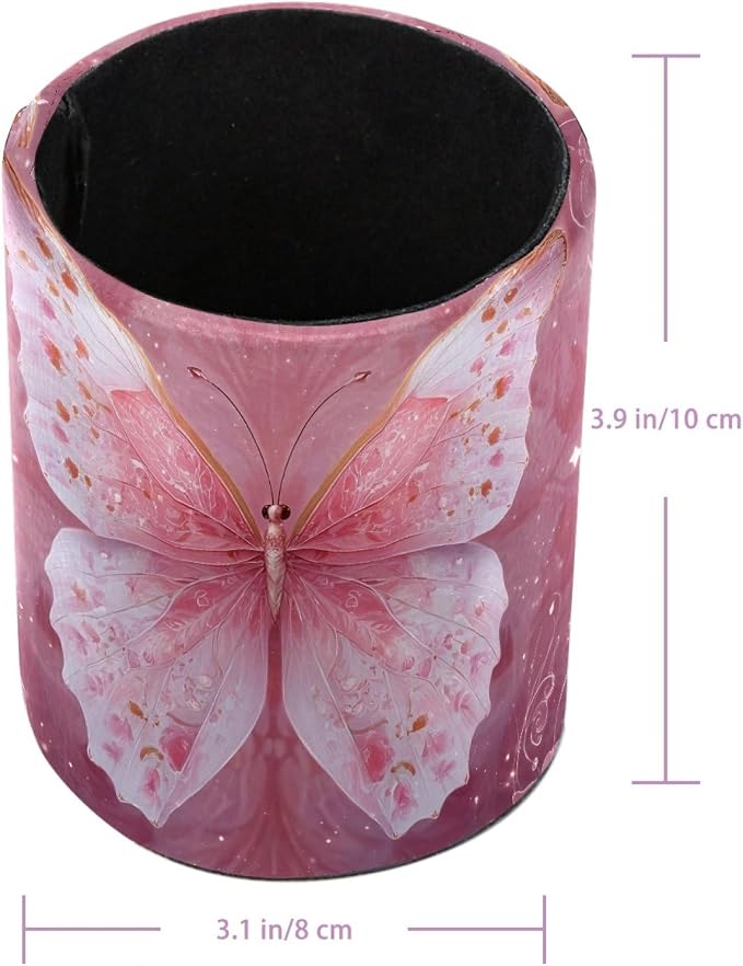 Leather Pen Holder for Desk, Pink Butterfly Pencil Cup Pen Organizer Makeup Brush Holder for Office Home Kids Countertop Desk Accessory Storage
